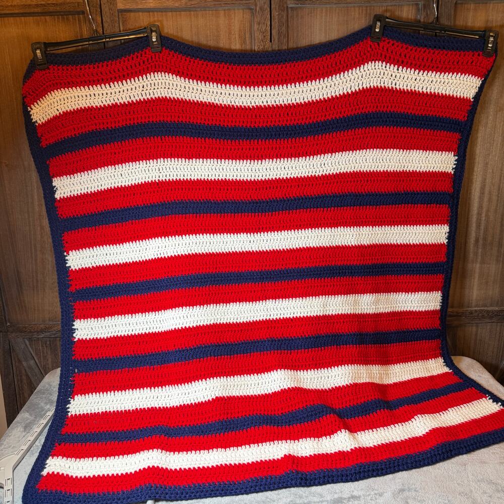 Handmade Crochet Afghan Throw Blanket Red White Blue Patriotic Americana 48 x 48 - Picture 5 of 5